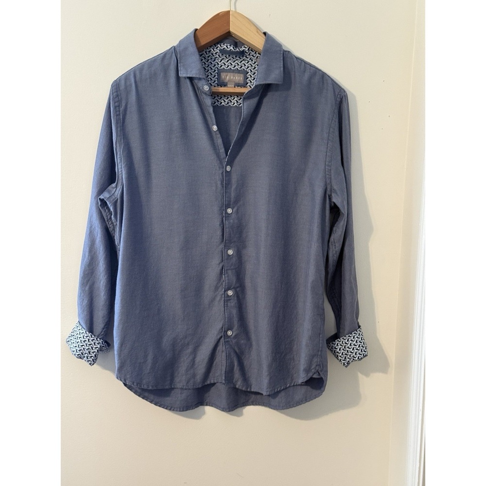 Ted Baker Herringbone Shirt Blue Cotton Men's XL Long Sleeve Button-Up Classic
